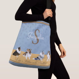 Shetland Sheepdog, Row of Shelties on Blue, Yellow Crossbody Bag