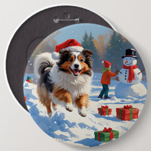 Shetland Sheepdog Running Snow With Christmas Hat 6 Cm Round Badge