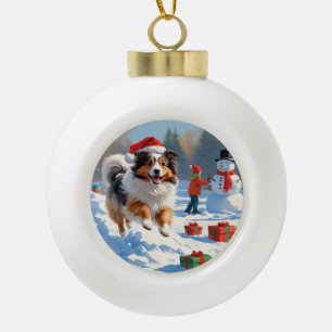 Shetland Sheepdog Running Snow With Christmas Hat Ceramic Ball Christmas Ornament