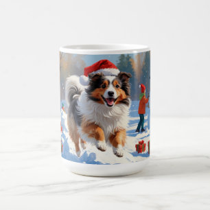 Shetland Sheepdog Running Snow With Christmas Hat Coffee Mug