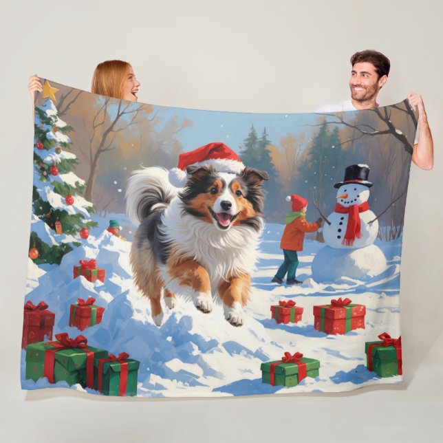 Shetland Sheepdog Running Snow With Christmas Hat Fleece Blanket (In Situ)