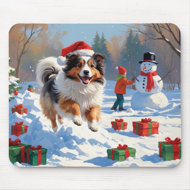 Shetland Sheepdog Running Snow With Christmas Hat Mouse Mat (Front)