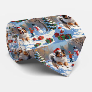 Shetland Sheepdog Running Snow With Christmas Hat Tie