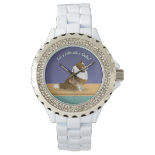 Shetland Sheepdog: Sable Sheltie on purple & green Watch