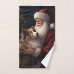 Shetland Sheepdog Santa Claus Festive Christmas Bath Towel Set