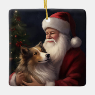 Shetland Sheepdog Santa Claus Festive Christmas Ceramic Ornament