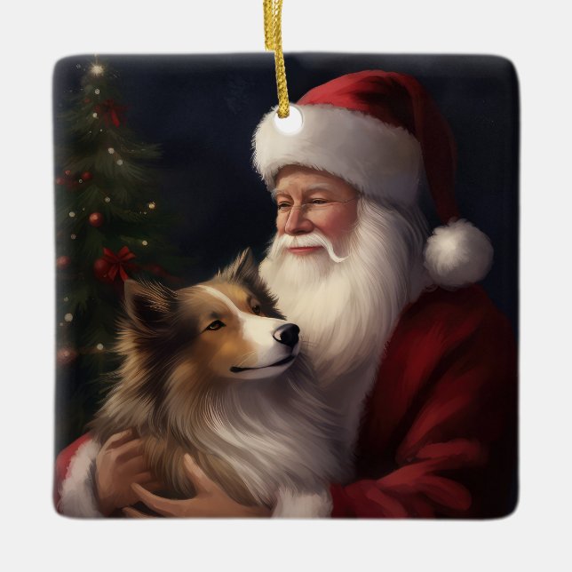 Shetland Sheepdog Santa Claus Festive Christmas Ceramic Ornament (Front)
