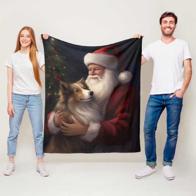 Shetland Sheepdog Santa Claus Festive Christmas Fleece Blanket (In Situ)