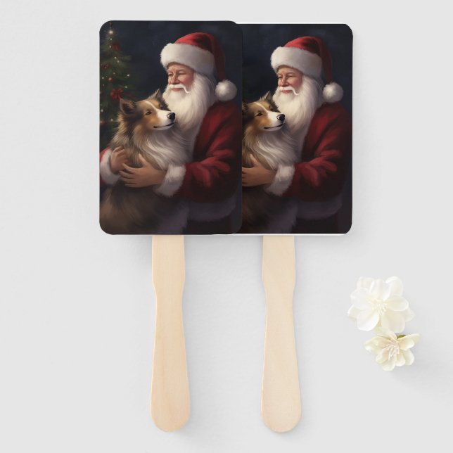 Shetland Sheepdog Santa Claus Festive Christmas Hand Fan (Front and Back)