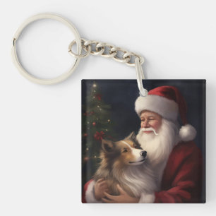 Shetland Sheepdog Santa Claus Festive Christmas Key Ring