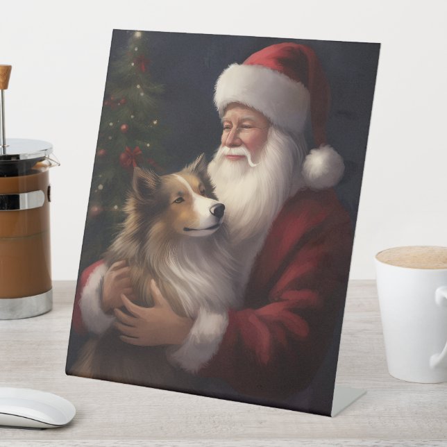 Shetland Sheepdog Santa Claus Festive Christmas Pedestal Sign (In SItu)