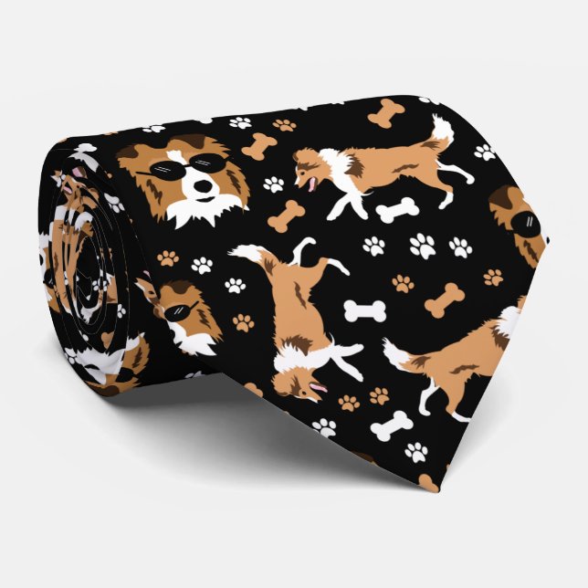Shetland Sheepdog Sheltie Black Paw Print Neck Tie (Rolled)