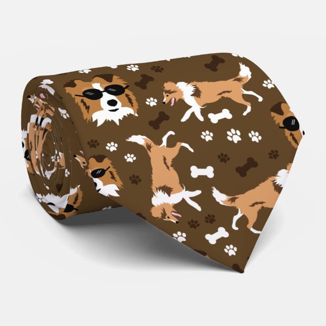 Shetland Sheepdog Sheltie Brown Paw Print Neck Tie (Rolled)