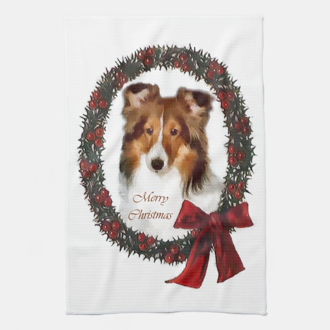 Shetland Sheepdog Sheltie Christmas Tea Towel (Vertical)