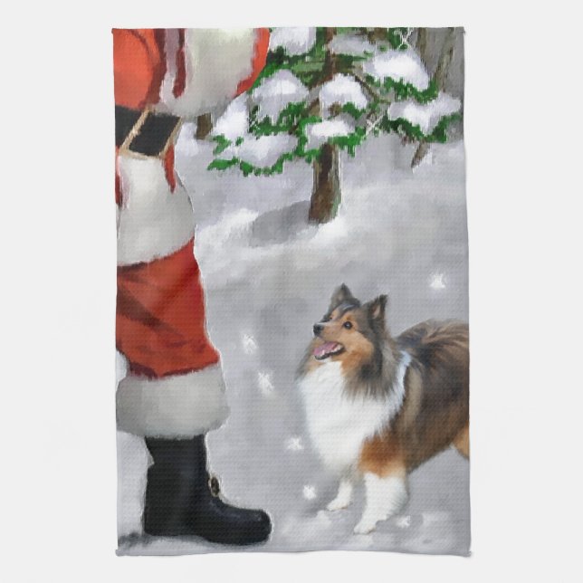 Shetland Sheepdog Sheltie Christmas Tea Towel (Vertical)