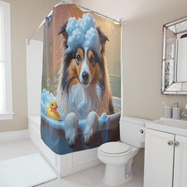 Shetland Sheepdog Sloppy Sleepy Cute Funny Shower Curtain (In Situ)