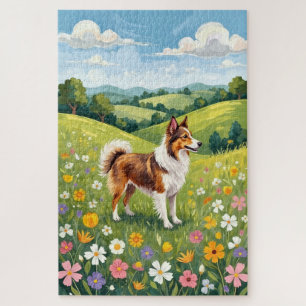 Shetland Sheepdog Spring Meadow Floral Dog Jigsaw Puzzle