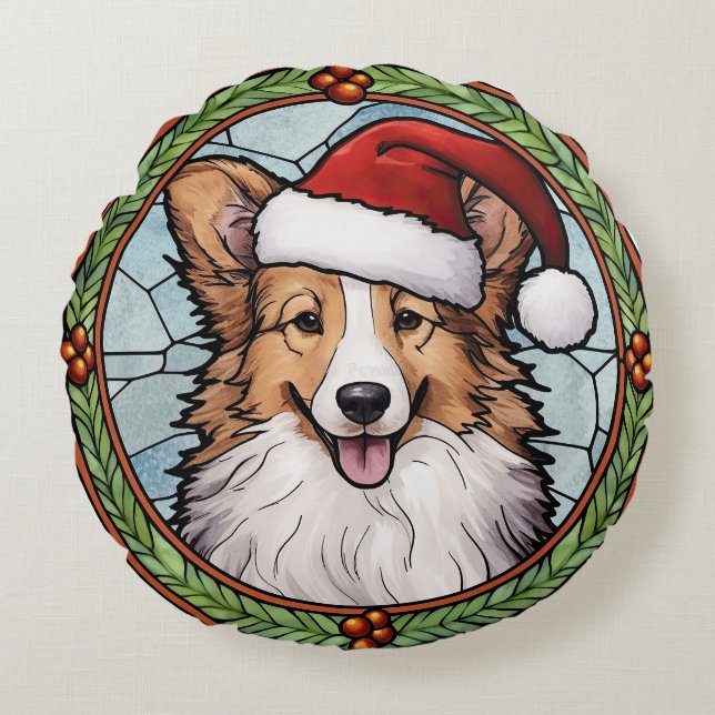 Shetland Sheepdog Stained Glass Christmas Round Cushion (Front)
