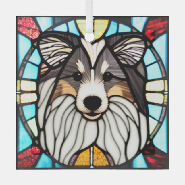 Shetland Sheepdog "Stained Glass"  Glass Tree Decoration (Front)
