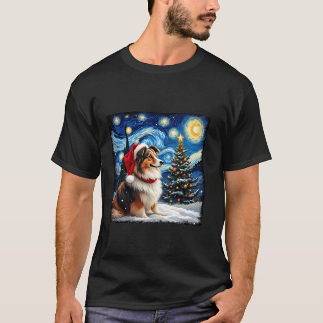 Shetland Sheepdog Starry Night Christmas Van Gogh  T-Shirt (Front)