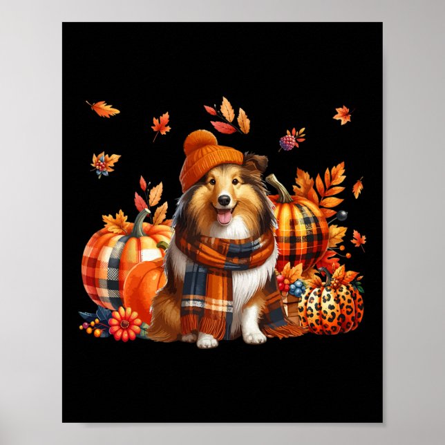 Shetland Sheepdog Thanksgiving Leopard Pumpkins Fa Poster (Front)