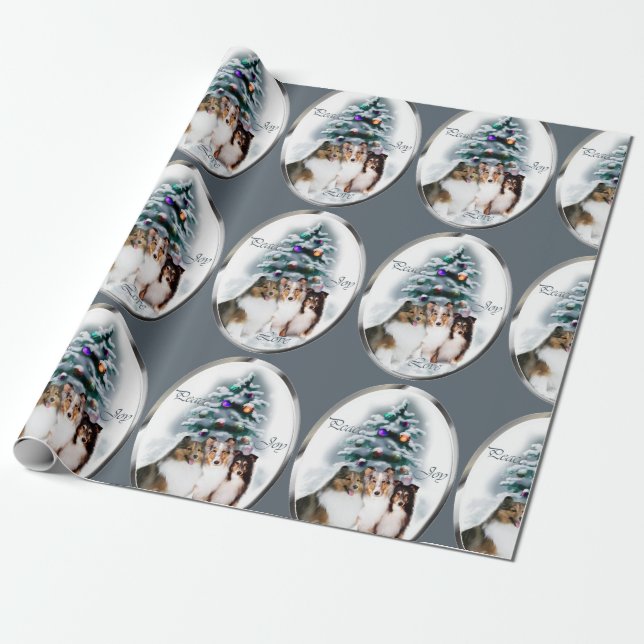 Shetland Sheepdog Trio Christmas Wrapping Paper (Unrolled)