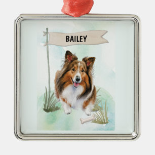 Shetland Sheepdog Watercolor Personalised Dog Metal Tree Decoration