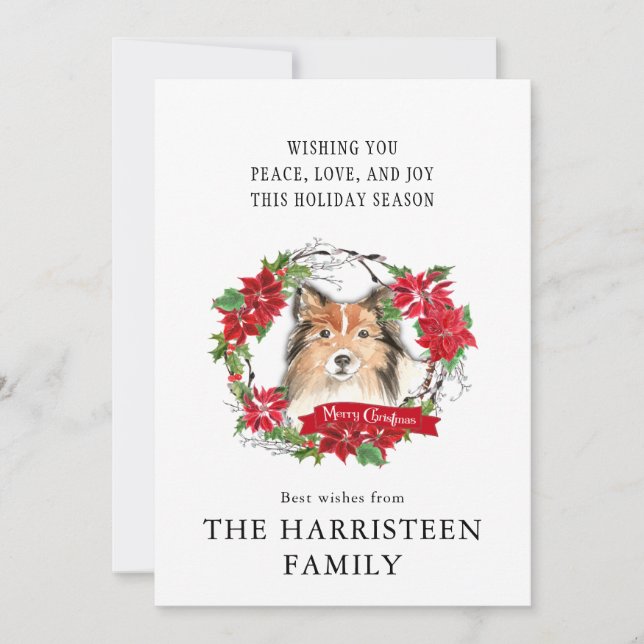 Shetland Sheepdog Watercolor Poinsettia Christmas Holiday Card (Front)
