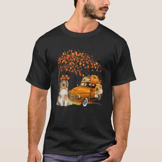 Shetland Sheepdog Wearing Hat Fall Pickup Truck Pu T-Shirt (Front)