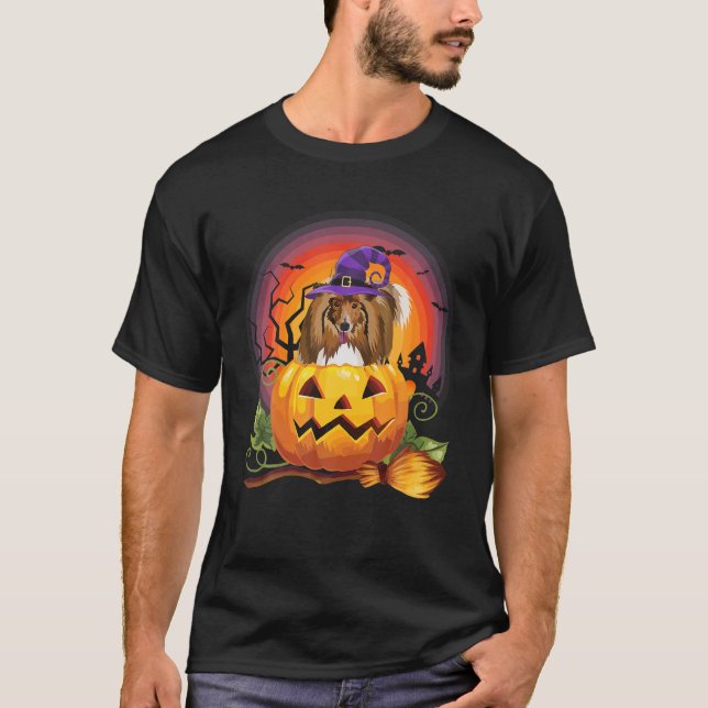 Shetland Sheepdog Witch Pumpkin Halloween Dog T-Shirt (Front)