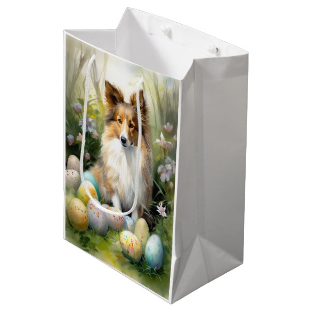 Shetland Sheepdog with Easter Eggs Holiday Medium Gift Bag (Front Angled)