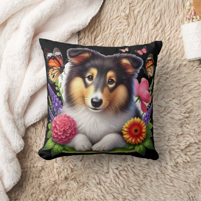 Shetland Sheepdog with Flowers and Butterflies Cushion (Blanket)
