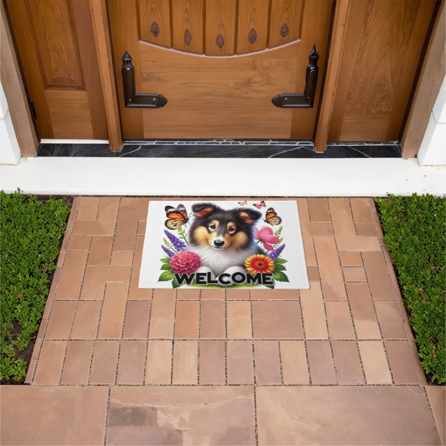 Shetland Sheepdog with Flowers and Butterflies Doormat (Outdoor)