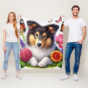 Shetland Sheepdog with Flowers and Butterflies Fleece Blanket