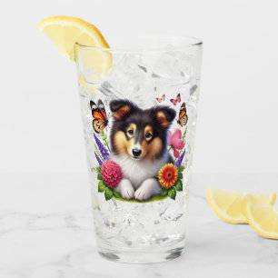 Shetland Sheepdog with Flowers and Butterflies Glass