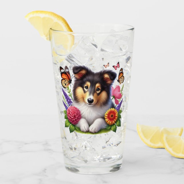 Shetland Sheepdog with Flowers and Butterflies Glass (Front Ice)