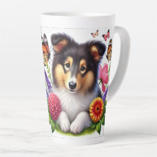 Shetland Sheepdog with Flowers and Butterflies Latte Mug
