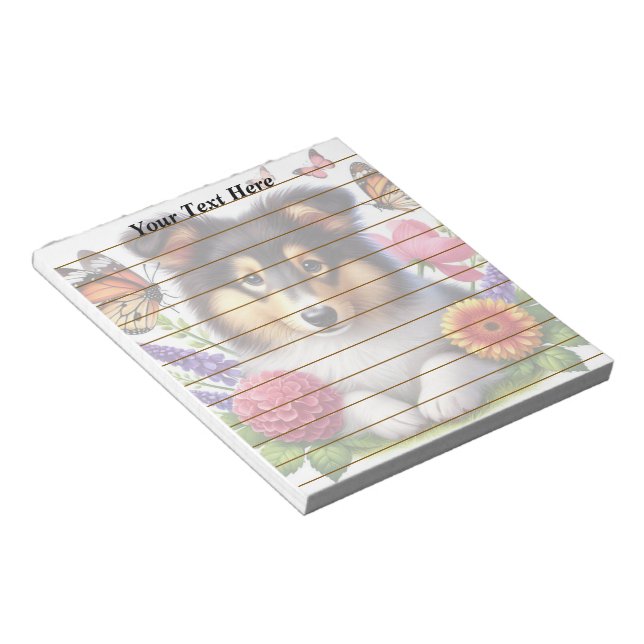 Shetland Sheepdog with Flowers and Butterflies Notepad (Angled)