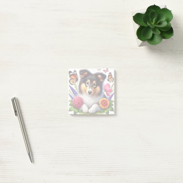 Shetland Sheepdog with Flowers and Butterflies Post-it Notes (Office)