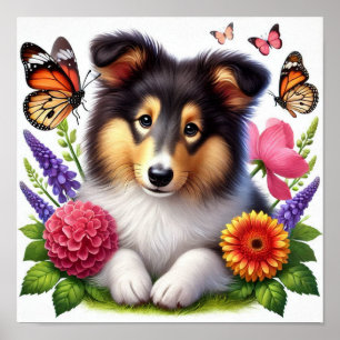 Shetland Sheepdog with Flowers and Butterflies Poster