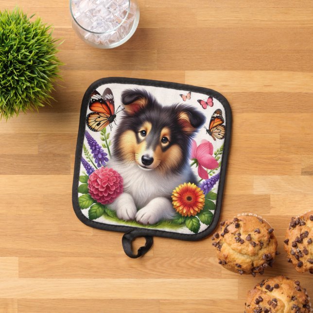 Shetland Sheepdog with Flowers and Butterflies Pot Holder (Top Down)
