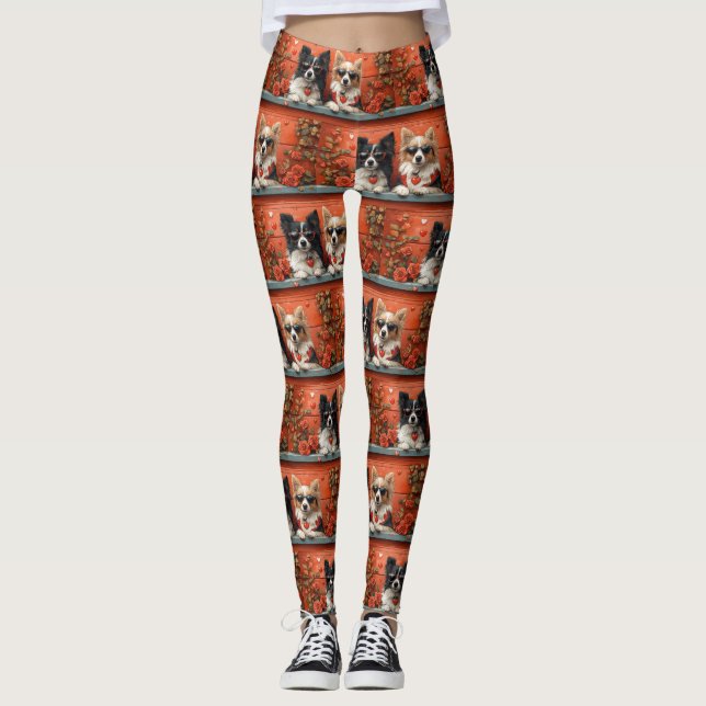 Shetland Sheepdog with Heart Roses Valentine's Day Leggings (Front)