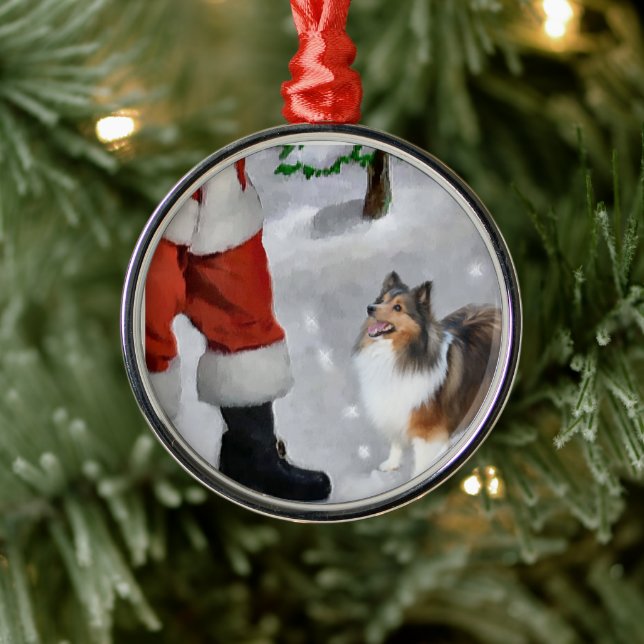 Shetland Sheepdog With Santa Christmas  Metal Tree Decoration (Tree)