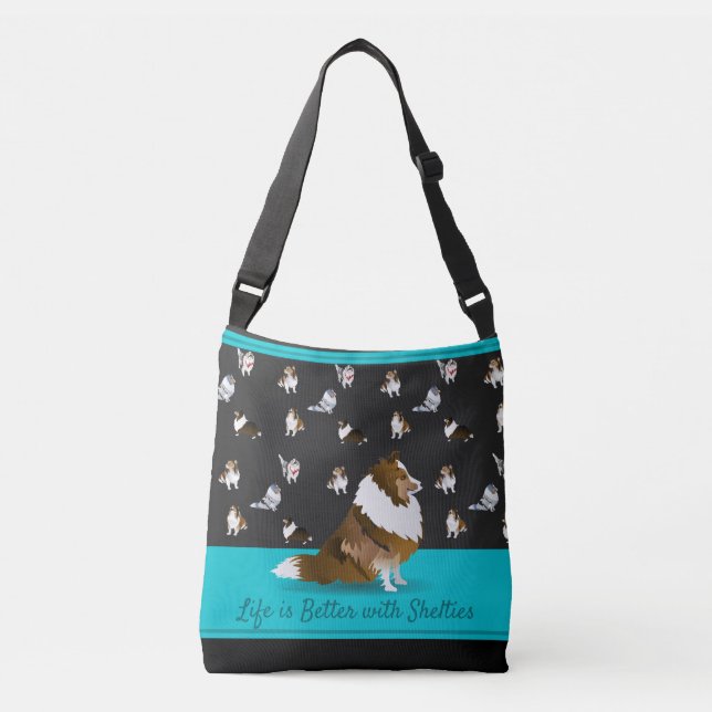 Shetland Sheepdogs, 1 Sable Sheltie, Black & Blue Crossbody Bag (Front)