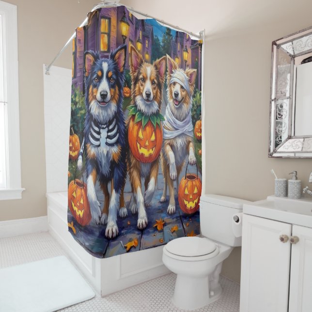 Shetland Sheepdogs in Halloween Costumes Shower Curtain (In Situ)
