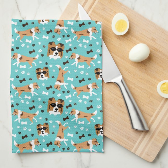 Shetland Sheepdogs Sheltie Aqua Kitchen Towel (Quarter Fold)