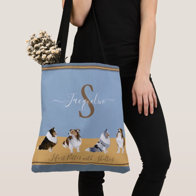Shetland Sheepdogs, Shelties on Blue & Yellow Tote Bag (Close Up)