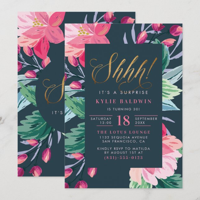 Shh! Gold Glitter Script Floral Surprise Birthday Invitation (Front/Back)
