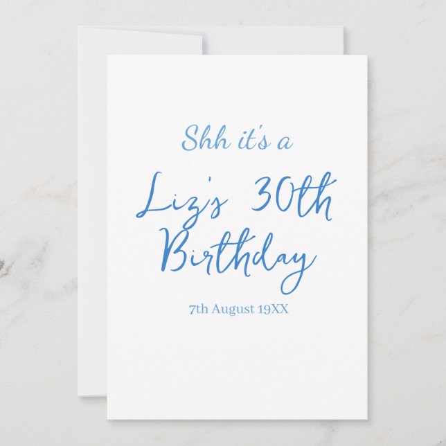 shh its a 30th birthday name date blue simple mini invitation (Front)