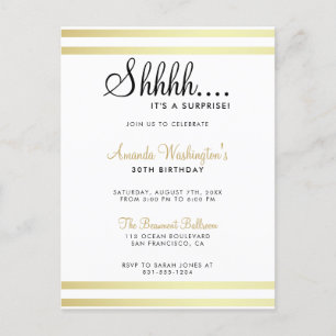 Shh... It's A Surprise! Modern Gold Birthday Party Invitation Postcard